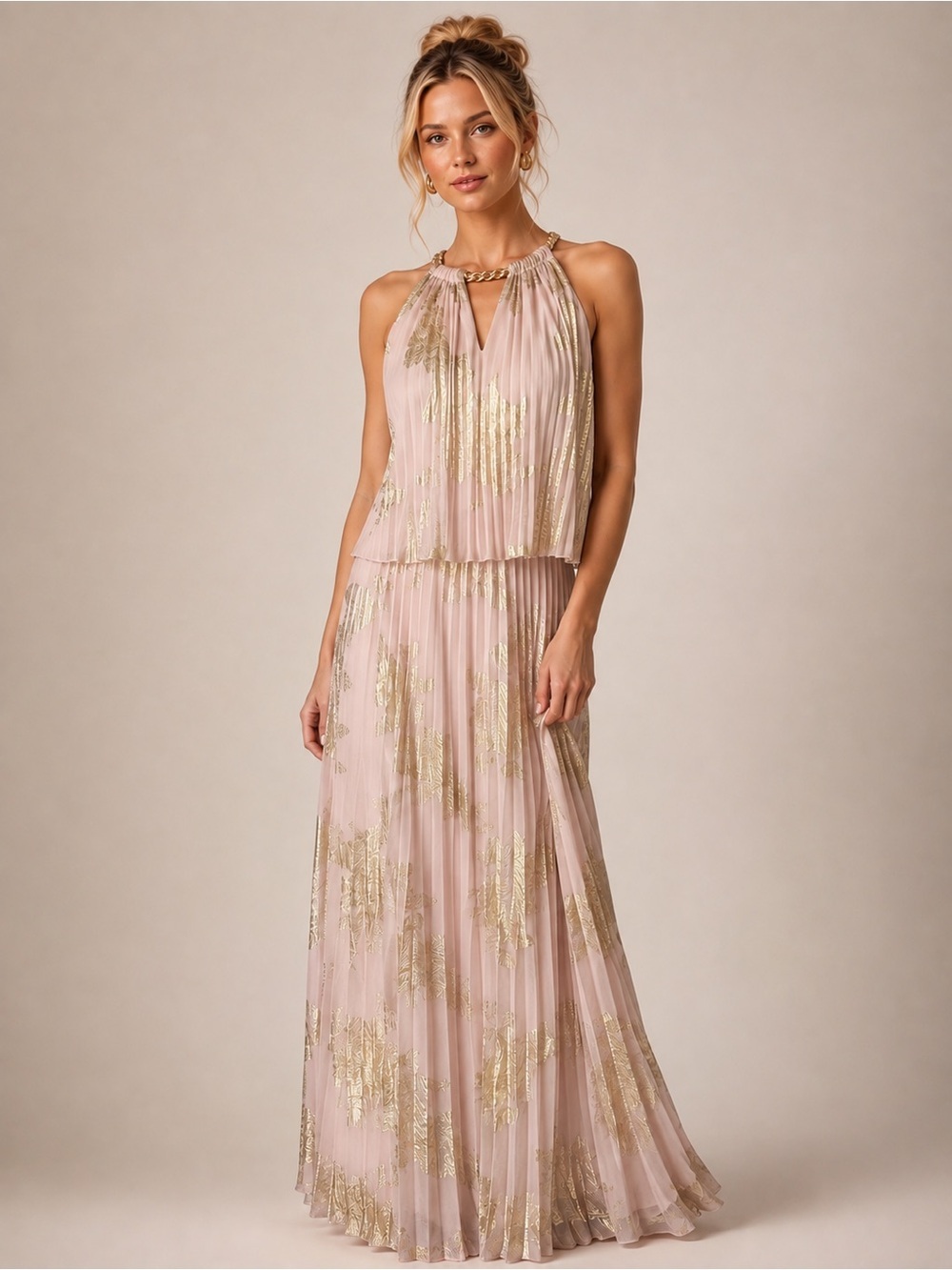 Cachet Blush Pink Gold Pleated Chain Neck Halter Maxi Gown Size 6